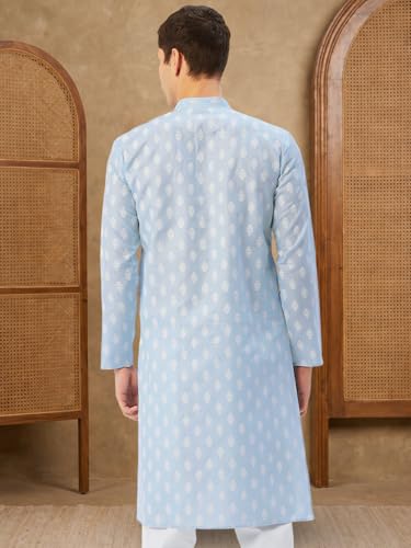 Image of Jompers Men Sky and White Floral Printed Kurtas (Sky, 4XL)