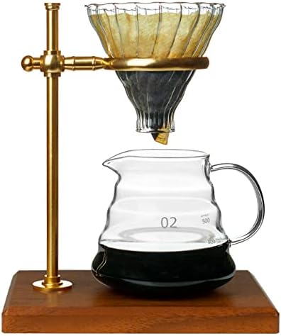 Pour Over Coffee Maker Set with Adjustable Stainless Steel Stand, Wooden Base, 20Pcs Paper Filters, Cone Glass Coffee Carafe, Glass Coffee Dripper/Filter Holder Kit, Manual Drip Coffee Brewer