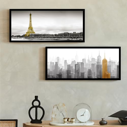 Image of PAINTINGMANTRA Art Framed Painting Eiffel Tower Paris Scene Horizontal Scandinavian Poster Print For Living Room, Decorative Home & Wall Decor - Set Of 2 (Black Frame, 8x18 Inch)