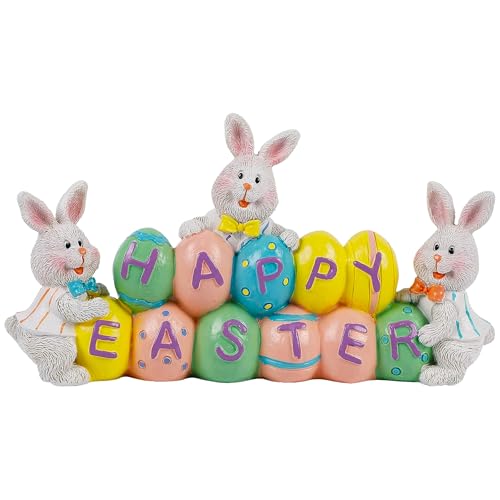 DR.DUDU Easter Decorations Eggs Bunny, Hand-Painted Resin Tabletop Centerpiece, Decor Bunny Figurine for Home Room Table Office Party (Happy Easter)