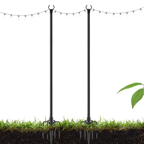 Pali per luci a corda, 2 supporti per illuminazione da giardino, dispositivi in metallo, supporto esterno in ferro resistente, per prato, giardino, patio, illuminazione del cortile, 300 cm