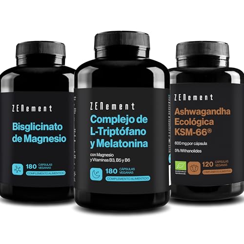 Pack Descanso - L-Triptófano con Melatonina, Magnesio Bisglicinato de Alta Absorción y Ashwagandha KSM-66® 600 mg - Zenement