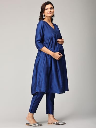 Image of The Mom Store Women's Raw Silk Maternity and Nursing Kurta Set | Front Zipper for Easy Feeding Pre and Post Pregnancy