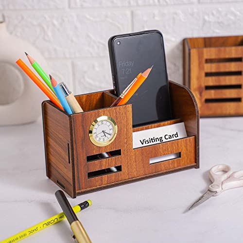 Image of Deskart Stylish Pen Stand with Clock, Business Visiting Card & Mobile Holder | Multipurpose Wooden Desk Organizer for Office Desk and Study Table