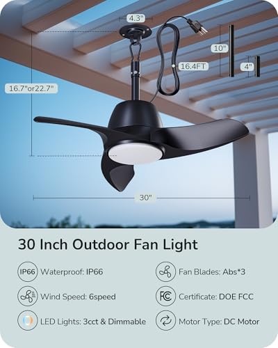 EDISHINE 30“ Outdoor Ceiling Fan with Light and Remote, IP66 Waterproof Gazebo Fan Hanging with Hook, 3CCT 6 Speed DC Motor, Matte Black Blades, Plug in Wet Rated Fan for Patio, Pergola, Porch, Garage - Image 7