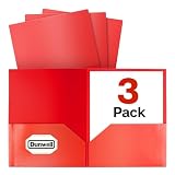 Dunwell Plastic Folders with Pockets (Red, 3 Pack), 2 Pocket Poly Folders for School, Home or Office, Durable Acid-Free Poly, Includes Removable Adhesive Labels