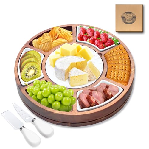 360&deg; Rotating Lazy Susan Cheese & Charcuterie Board Set - 13.5' Acacia with Built-in Slate Chiller...