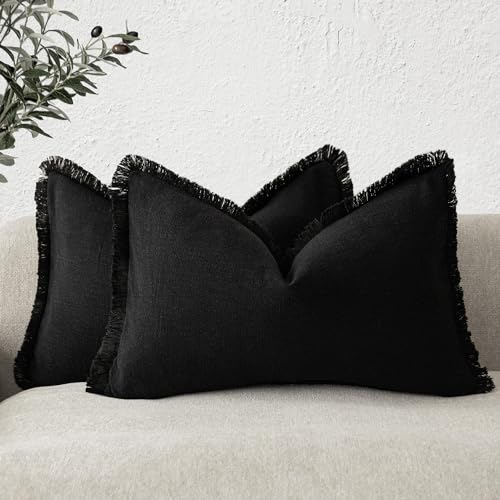 Image of Foindtower Set of 2 Decorative Linen Fringe Lumbar Throw Pillow Covers Boho Farmhouse Cushion Cover with Tassels Soft Accent Pillowcase for Couch Sofa Bed Living Room Home Decor,12x20 Inch,Black