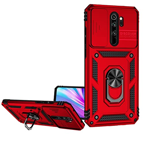 ESONG Cover per Xiaomi Redmi Note 8 Pro Custodia Protettiva di Grado Militare con Scorrevole Fotocamera Proteggi PC&TPU Antiurto Case con 360° Magnetica Anello Supporto rosso