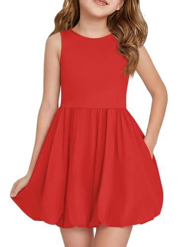 Haloumoning Girls Summer Sleeveless Bubble Dress Kids Cute Crew Neck Tank Mini Dresses with Pockets 5-14 Years Red