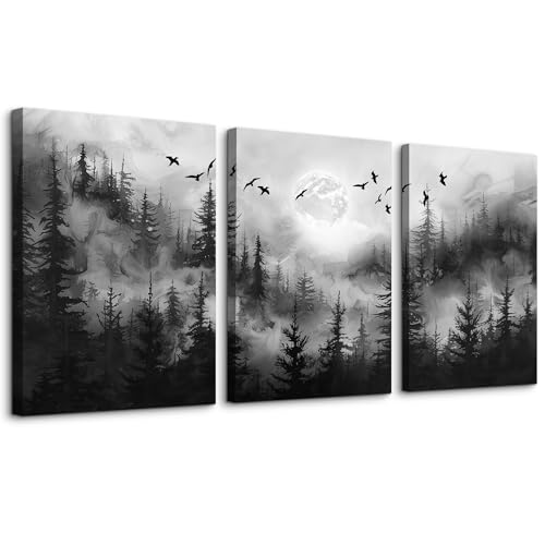 DZRWUBHS Black And White Wall Paintings Wall Art For Living Room Canvas Wall Decor For Bedroom Modern Office Decorations Misty Forest Landscape Abstract Wall Pictures Wall Hanging Room Home Decor