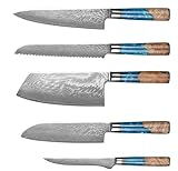 5 piece Damascus kitchen knife set with Blue Resin Wood Handle - w/Gift Box - w/knife Sheath