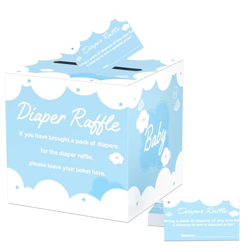 Image of Diaper Raffle Tickets with Card Box, 50 Blue Raffle Tickets and Box for Baby Shower Game, Gender Reveal, Oh Baby Theme Party Decorations