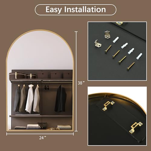 Image of LFT HUIMEI2Y Arched Wall Mirror, 24 inchx36 inchArched Wall Mounted Mirror with Aluminum Alloy Frame and Arch Top Rounded Corner for Bathroom, Bedroom, Living Room, Entryway, Gold
