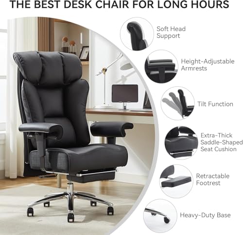Image of Efomao Ergonomic Office Chair 450LBS with Foot Rest, High Back PU Leather Executive Office Chair with Adjustable Armrests, Lumbar Support for Home or Work, Computer Chair, Black