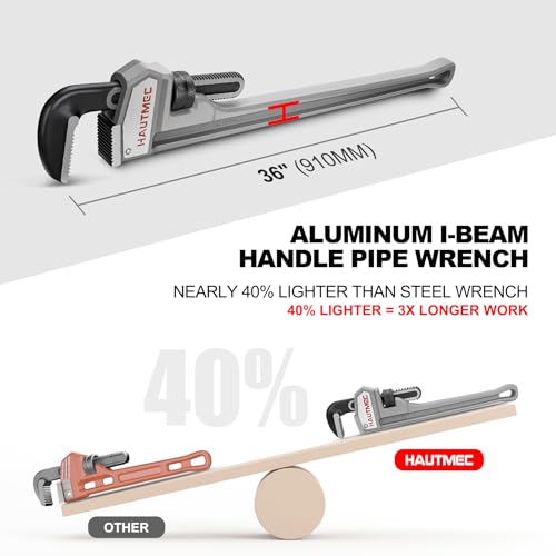 Image of HAUTMEC 36 Inch Aluminum Straight Pipe Wrench, Heavy Duty Adjustable Plumbing Wrench, 4 inch Jaw Capacity, for Pipes, Tees, Ball Valves and Other Objects HT0188-PW