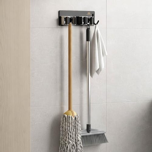 Image of HomeStrap Dual Stick-On Mop & Broom Holder with Rubber Grip | Stainless Steel Wall Holder with Hook for Mops, Brooms, Wiper & Towels | No Drilling Waterproof Self-Adhesive Hook for Daily Use|Set of 1