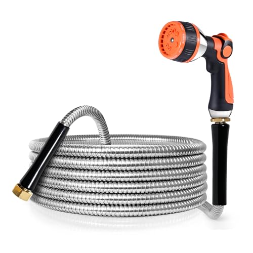 YAMATIC-Garden-Hose-25-FT-x-58-inch304-Stainless-Steel-Water-Hose-No-Kink-Metal-Hose-with-10-Pattern-Spray-NozzleLightweight-Flexible-Puncture-Resistant-Rust-Proof-for-Yard-Outdoor