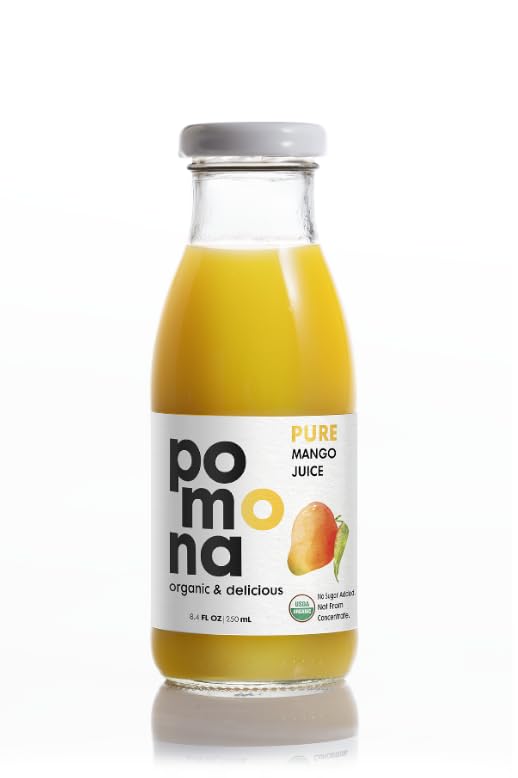 Image of Pomona Organic Juices Pure Mango Juice, 8.4 Ounce Bottle (Pack of 12), Cold Pressed Organic Juice, Non-GMO, No Sugar Added, Not from Concentrate, Gluten Free, Kosher Certified, Preservative Free
