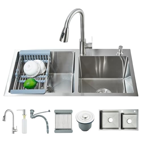 Feetron Tarjas Para Cocina Acero Inoxidable Cepillado Fregadero De Cocina con Extraíble Grifo Engrosado, Cocina Integral con Dispensador de jabón Colador y Accesorios...