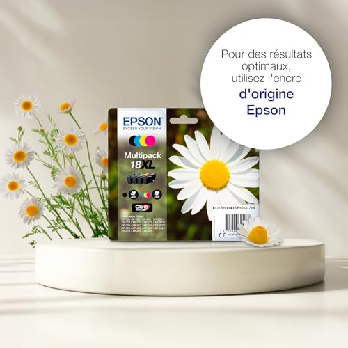 Multipack de cartouches d’encre d’origine Epson Claria 18 Pâquerette- 4 couleurs : cartouches Noir, Cyan, Magenta, Jaune - 1 x 5,2 ml, 3 x 3,3 ml - Fabriquées par la marque pour des résultats optimaux