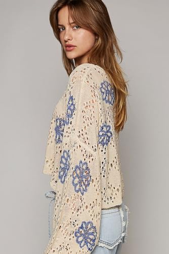 Trendy Long Sleeve Round Neck Sweater: Beige Floral Print4