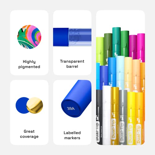 Image of ARTISTRO 24 Dual-Tip Acrylic Paint Markers - Medium + Fine Tip Combo - 22 Bright Colors + 2 Metallic Chrome Paint Pens