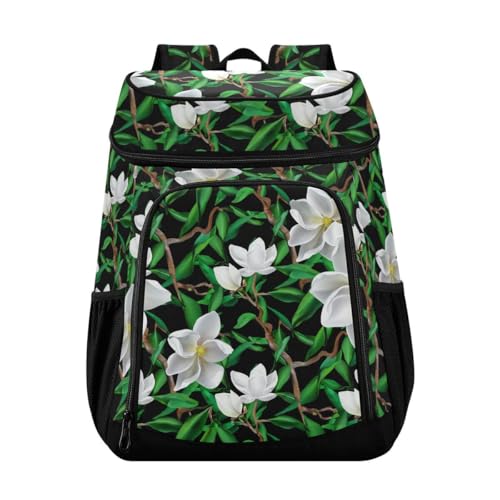Flower Leaves Black Cooler Backpack Leakproof Insulated Lunch Cooler Bag 30 Cans Camping Backpacks for Road Trip Picnic Beach