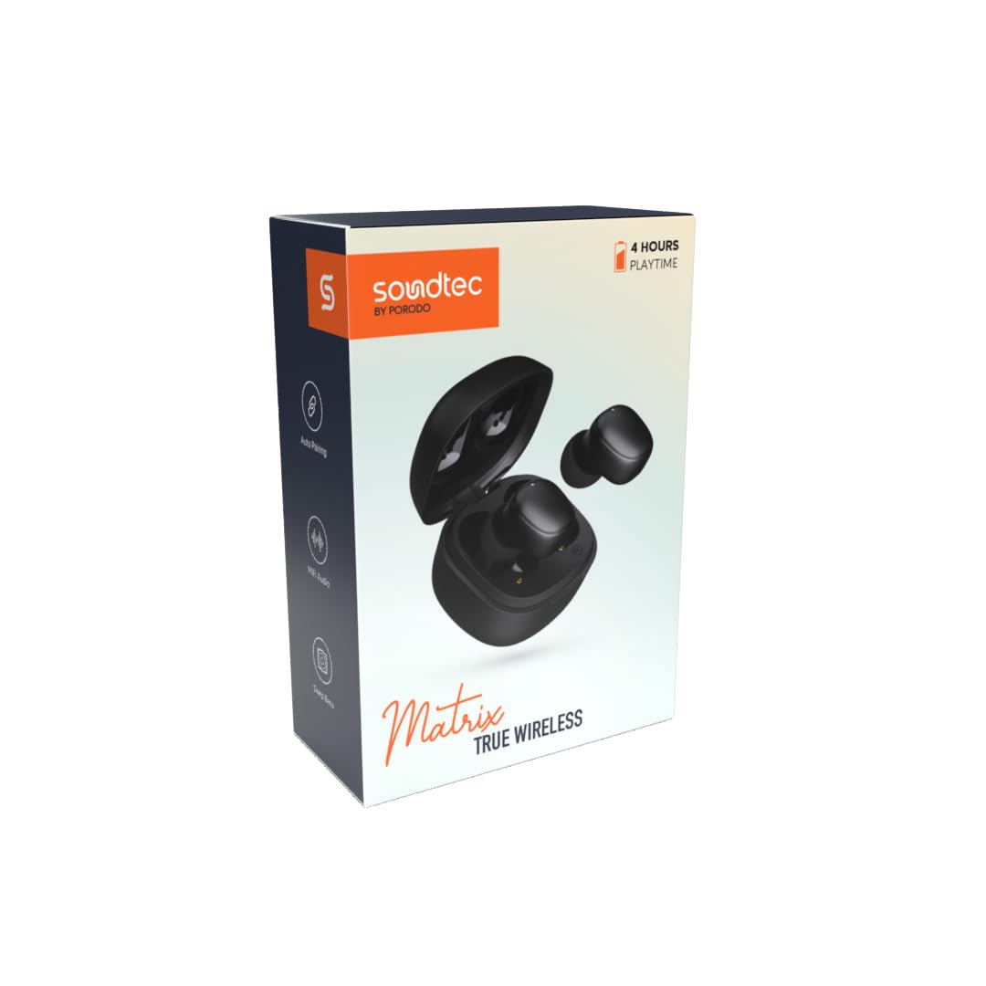 PorodoSoundtec Super Mini TWS Earbuds: 400mAh Charging Case Battery, 2 * 25mAh Earbuds Battery, 5.3 Bluetooth Version, 12M Bluetooth Range, Wireless Charging, 6 Hours Playtime (Black)