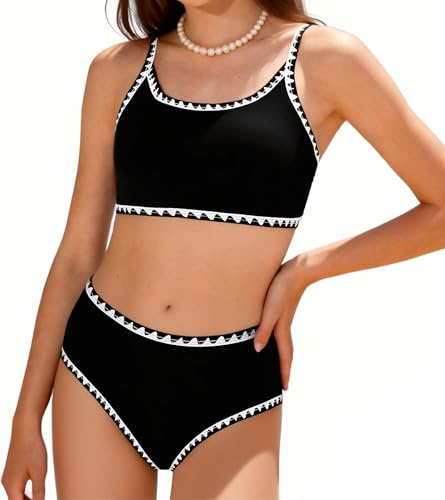 Image of Girls Swimsuit Double Strap High Waist Sporty Bikini Swimsuits Summer Beach 2 Piece Bikini Sets Size 11-15 Years