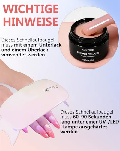 Aokitec Aufbaugel für Gelnägel Set, No File Builder Gel für Nägel, 2 Farben Nude und Weiß, Selbstglättendes Nail Gel UV, Mittelviskos Nagelgel für Anfänger Selber Machen, Verlängerung & Reparatur