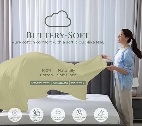 Image of Royale Linens 100% Organic Cotton Queen Size Flat Sheet Only - Percale Top Sheets - Queen Flat Sheet Sold Separately - Lightweight & Soft 100% Cotton Sage Green Bed Sheets Only (90 inch x 102 inch, SageGreen)