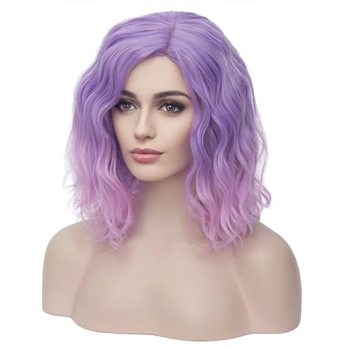 Image of BERON 14 inch Women Girls Colored Short Curly Bob Wavy Purple Ombre Pink Shoulder Length Wig Body Wave Daily or Cosplay Hair Wigs