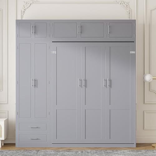 Image of Merax Queen Size Murphy Bed with Shelves, Top Cabinet and Wardrobe, Fold into The Wall, Space-Saving Design Foldable Platform Bed Frame for Bedroom, Guest Room, Home Office, Gray