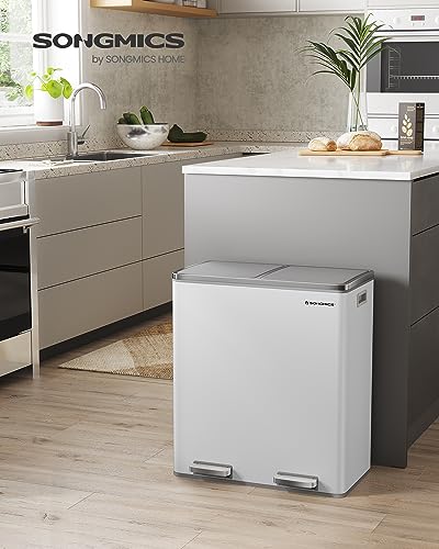 SONGMICS Trash Can, 2 x 8 Gallon (2 x 30 L) Garbage Can for Kitchen, with 15 Trash Bags, 2 Compartments, Plastic Inner Buckets and Hinged Lids, Airtight, White and Gray ULTB60WT