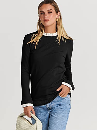 Anrabess Women’s Long Sleeve Mock Neck Ruffle Contrast Slim Fit Casual Solid Knit Pullover Sweater Top 563Heise-S Black #TOP4