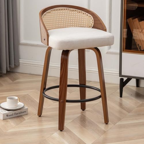 Image of 30 inch Swivel Rattan Bar Stools,Mid-Century Modern Beige Linen Fabric Upholstered Counter Height Stools,Kitchen Island Barstools with Rattan Low Backrest,Walnut Wood Finish Bar Chair,1PCS
