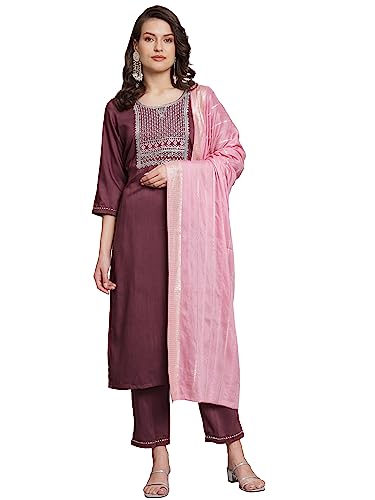 Image of VredeVogel Women Cotton Slub Straight Kurta Set With Pant and Net Embroidery Dupatta