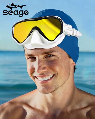 Image of Seago Adult Swim Goggles Mask Mirrored Tempered Lens, Anti UV /Fog No Blurring Clear Wide View with Nose Cover for Men Women