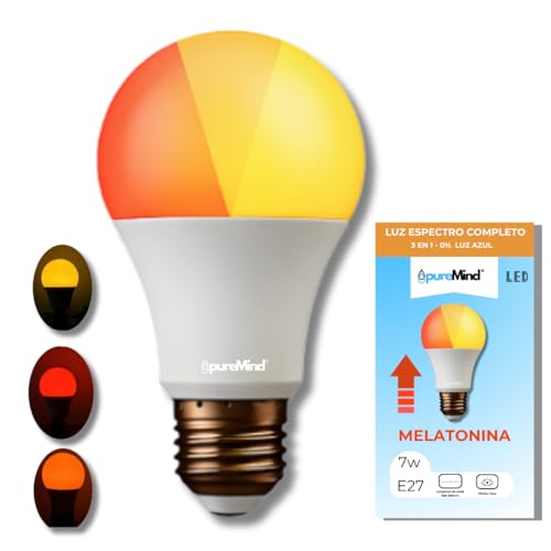 Puremind Spectro Luz Roja Nocturna Melatonina E27 + Ámbar – Lámpara Terapia de Luz Infrarroja + Ámbar para Bienestar - Relajación + Recarga Celular – Dispositivo Antiedad + Antiedad Lumínico