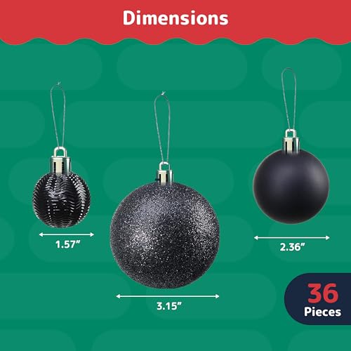 Prextex Black 36-Piece Shatterproof Christmas Ball Ornaments - Glitter Baubles and Shape Styles for Tree Decorations, Exquisite Xmas Combo