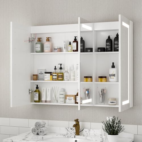 Lovinouse Bathroom Medicine Cabinet,47\" Bathroom Mirrors for Over Sink with Storage,LED Lights,Large Wall Mounted Mirrored Medicine Cabinets w/Adjustable Shelves,White - Thumbnail 4