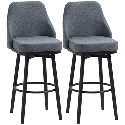 HOMCOM Bar Height Bar Stools Set of 2, Modern 360° Swivel Barstools, 29.5 Inch Seat Height Upholstered Kitchen Chairs with Steel Legs and Footrest, Dark Grey