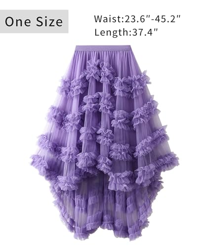Tulle Skirt for Women High Waisted A Line Layered Asymmetrical Hem Ruffle Fluffy Long Skirts3
