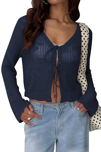 Image of Balimtoy Women Tie Front Cardigan Crochet Sweater Crop Tops Cute Bell Long Sleeve Knit Shrug Beach Vacation Cover Up