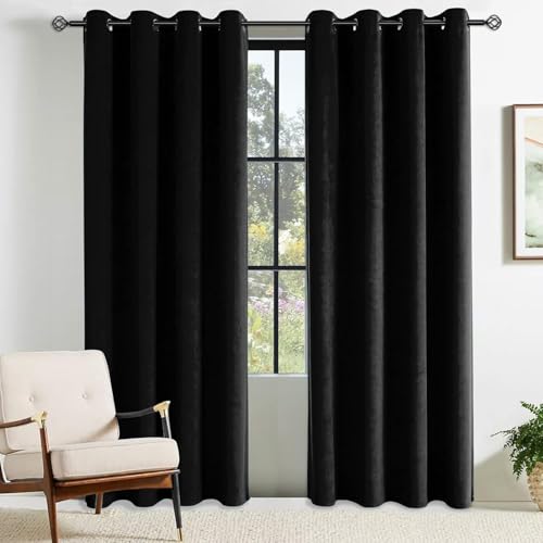 Image of CUCRAF Blackout Curtains for Bedroom Velvet Black 2 Panels W 55" x L 96" Ring Top Eyelet Soundproof Curtain Kidsroom and Living Room Thermal Insulated