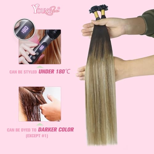 Image of YoungSee K Tip Human Hair Extensions Balayage Ktip Hair Extensions Human Hair Brown with Blonde Balayage Long 24In 50s /50g