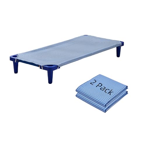 Image of Kingnex Cot Sheets for Daycare Standard Size 23 inch x 51 inch Bed Soft Brushed Microfiber Cut Corner Fitted Cot Sheet Cover 2 Pack Blue Check