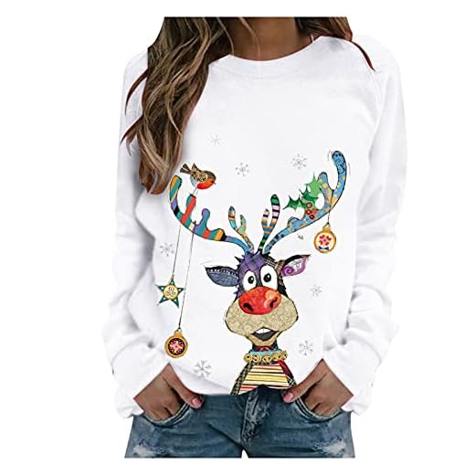 Susenstone Pull De Noel Femme Rigolo Noël Drole Ugly Christmas Jumper Col Rond Moches Pullover Imprimé Manches Longues Chemisier T-Shirt pour Femmes, 01-blanc, S