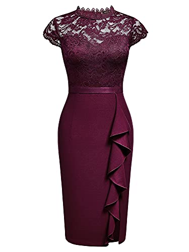 Miusol Women's Retro Floral Lace Ruffle Style Cocktail Mini Dress (Medium, Burgundy) #TOP4